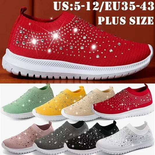 Women's Rhinestone Glitter Mesh Slip On Sneakers- Various Colors