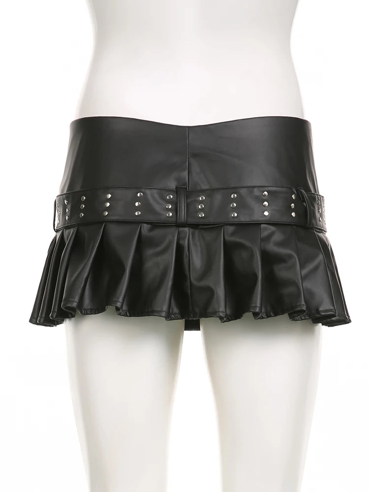 Slim Pleated Split Skirt with Sashes and Metal Buckle - Low Waist Design