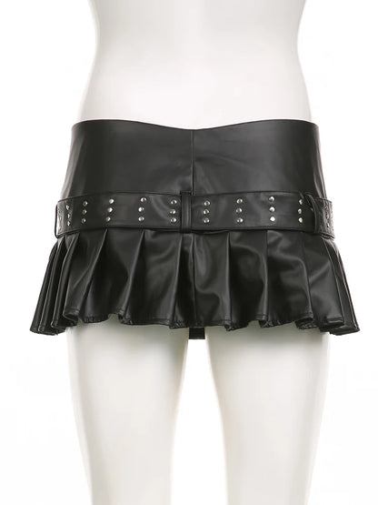 Slim Pleated Split Skirt with Sashes and Metal Buckle - Low Waist Design