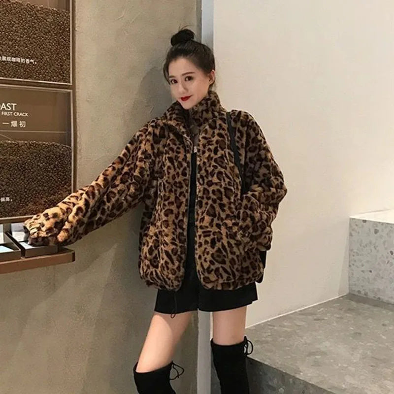 Women's Leopard Print Faux Fur Parka Coat