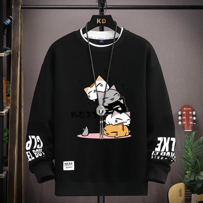 Men's Sweater with Japanese Cartoon Cat Print - Various Colors