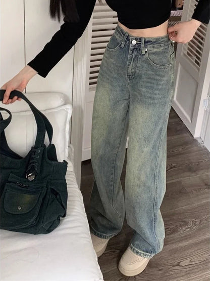 Vintage Washed Denim Baggy Wide Leg Jeans for Women