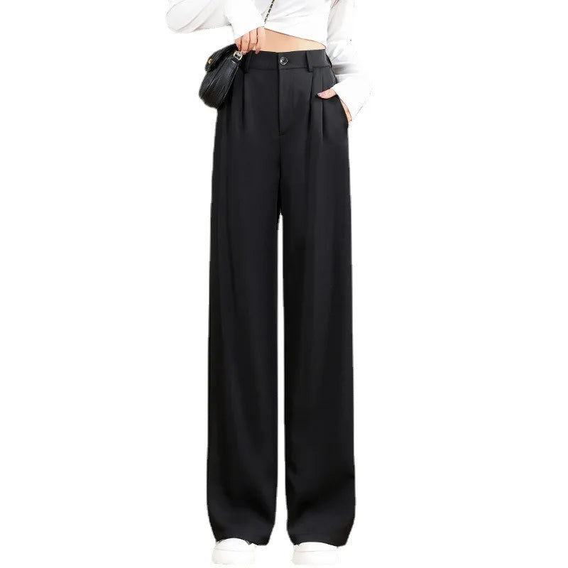 Womens High-Waisted Versatile Draped Loose Straight Gray Suit Pants