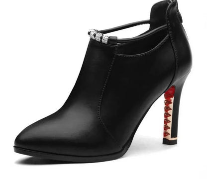 Women's Round Toe Shallow Zip Ankle Boots with Thin Heels - PU Leather