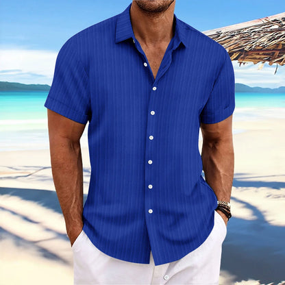 Men's Short-Sleeved Button-Up Shirt with Jacquard Wave Stripe Design