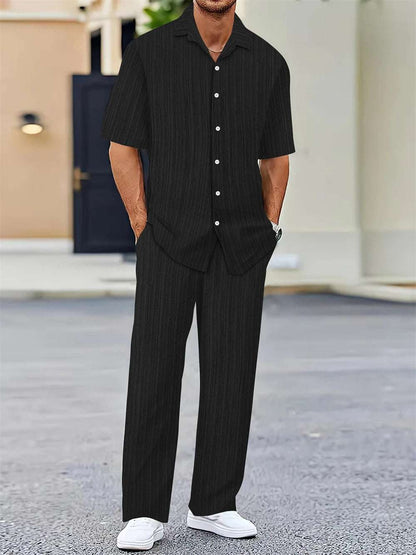 Men's Two-Piece Classic Button-Up Shirt and Loose-Fit Pants Set.