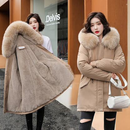 Women's Slim Fit Long Wool Hooded Parka with Faux Fur Collar