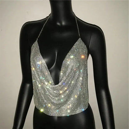 Glittering Backless Crop Top with Rhinestone V-Neck Design For Women