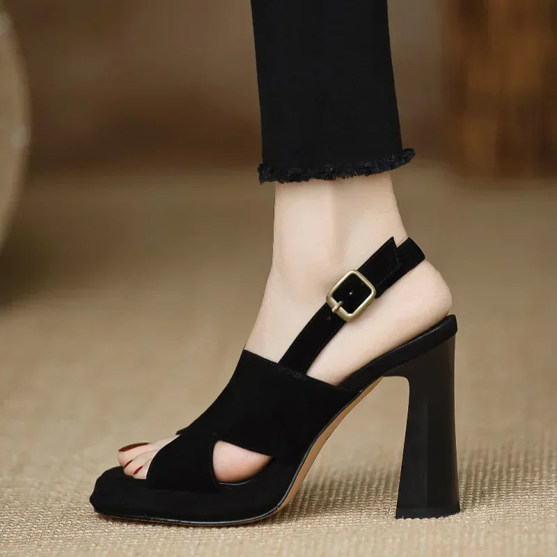 Women's Black Cross Strap High Heel Heels with Buckle