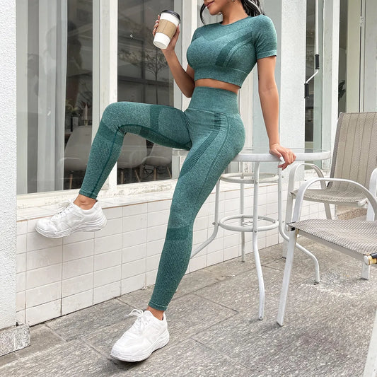 2-Piece Set: Short Sleeve Top and High-Waisted Tummy Control Long Pants Sportswear