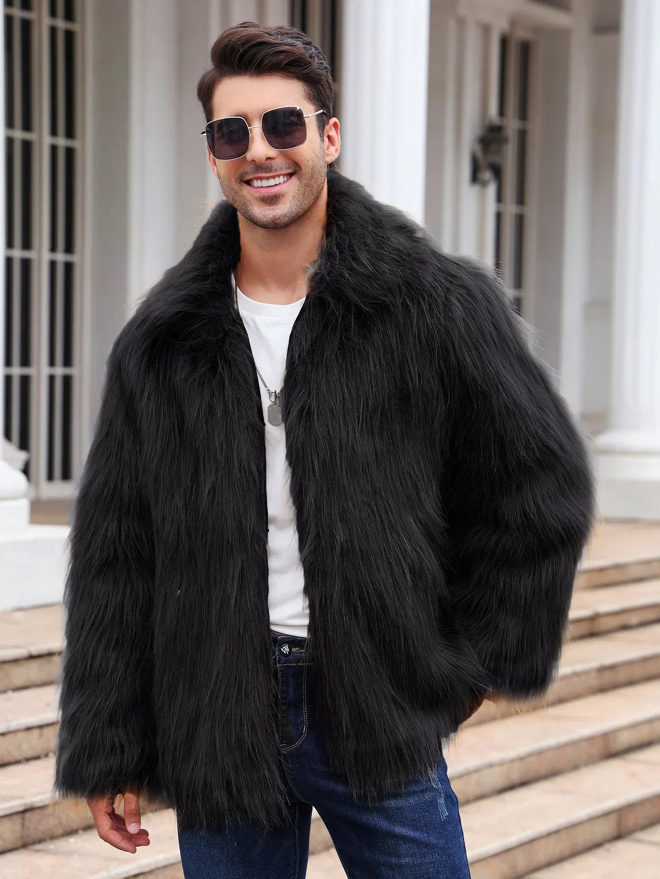 Men's Thick Fluffy Faux Fur Coat with Long Sleeves