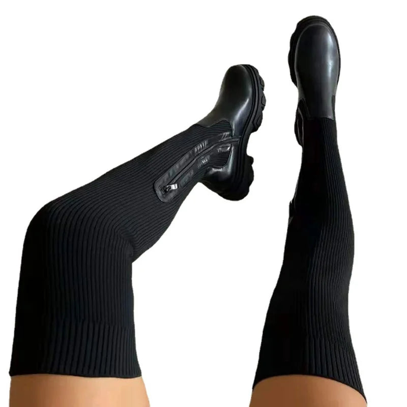 omen's Thigh High Boots - Breathable Knitted Sock Design with Thick Sole