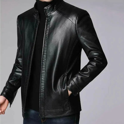 Men's Faux Leather Jacket with Stand Collar and Thick Warm Lining