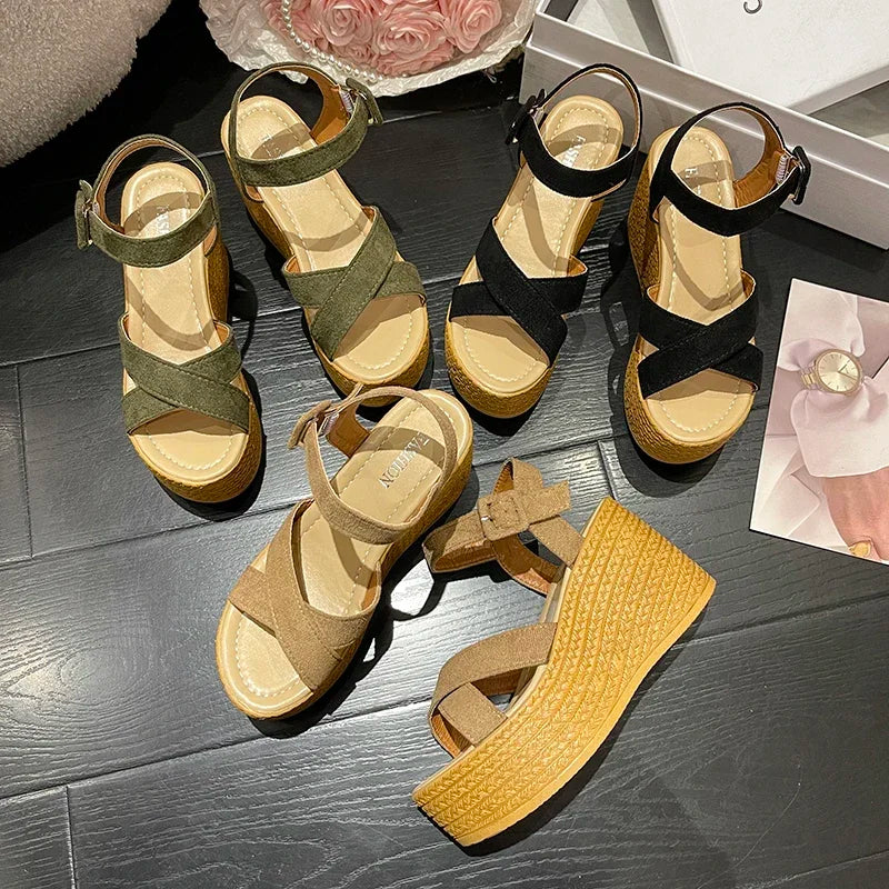 Womens Wedge Heel Sandals- Trendy Platform Design with Buckle