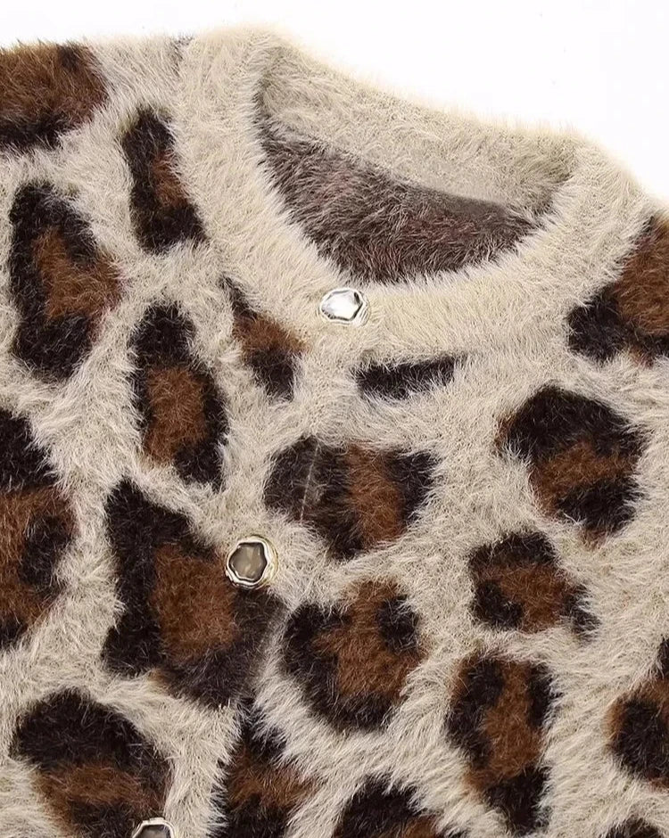 Women's Leopard Print Short Knit Fur Sweater