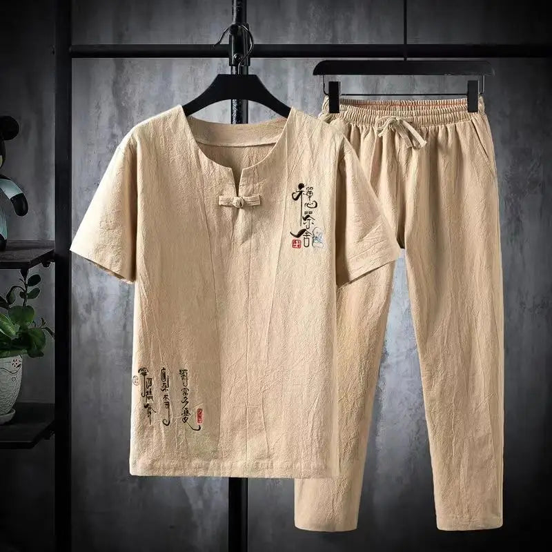 Men's Cotton-Linen Two-Piece T-Shirt and Jogger Pants Set