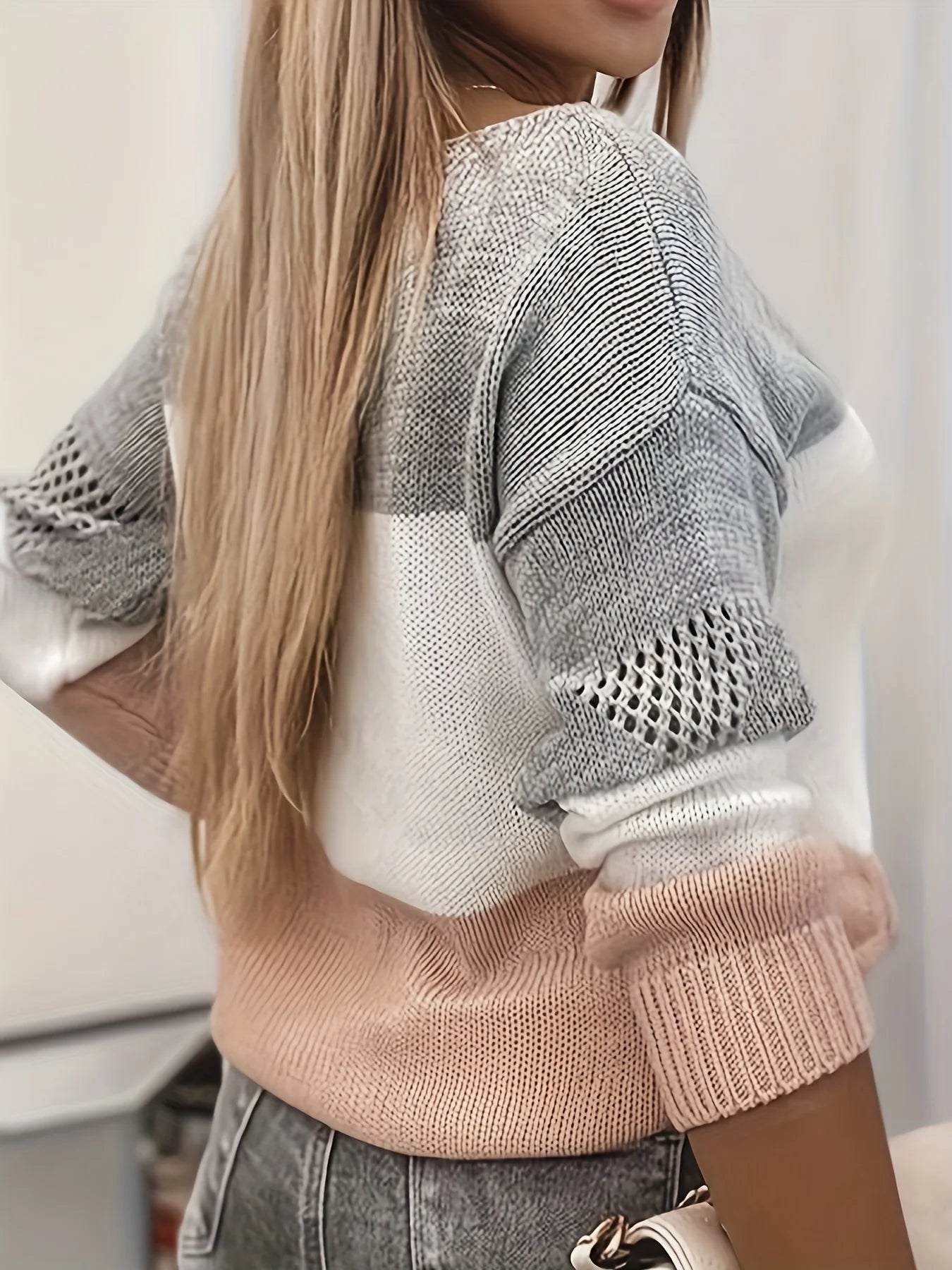 Women's Knitted Sweater with Color Panel and Cut-Out Neckline