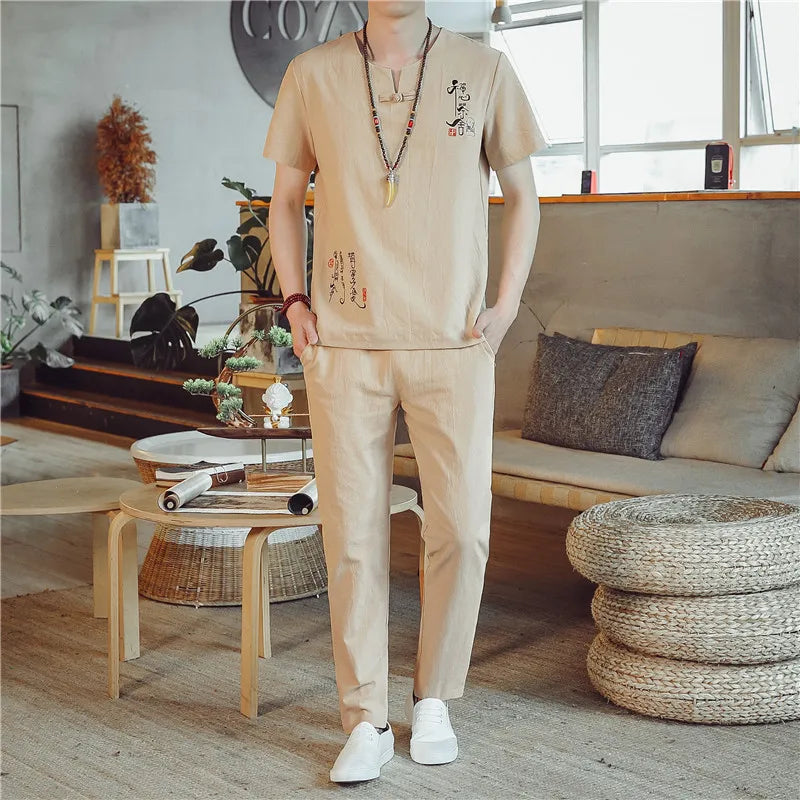 Men's Cotton-Linen Two-Piece T-Shirt and Jogger Pants Set