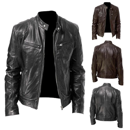 Men's Slim Fit Faux Leather Motorcycle Jacket - Short Lapel PU Coat with Zipper