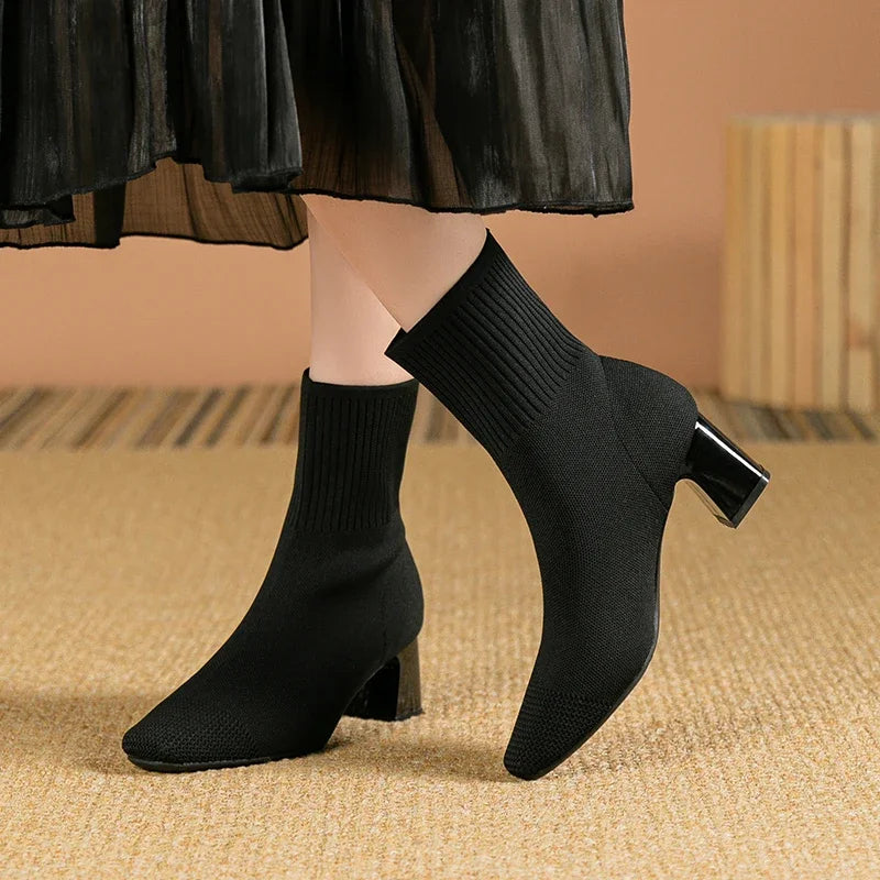 Designer Square Toe Mesh High Heel Boots - Breathable Stretch Style