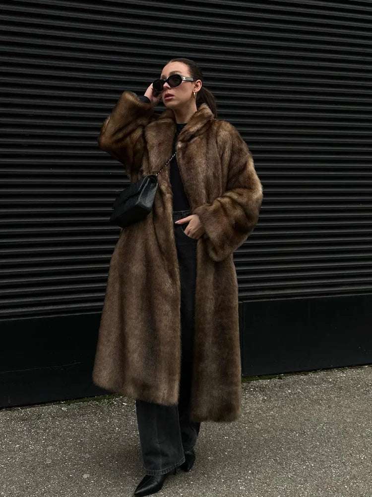 Women's Long Plush Faux Fur Coat with Lapel