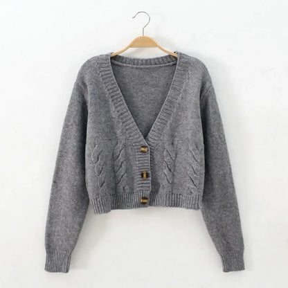 V-Neck Cropped Long Sleeve Knit Cardigan for Women