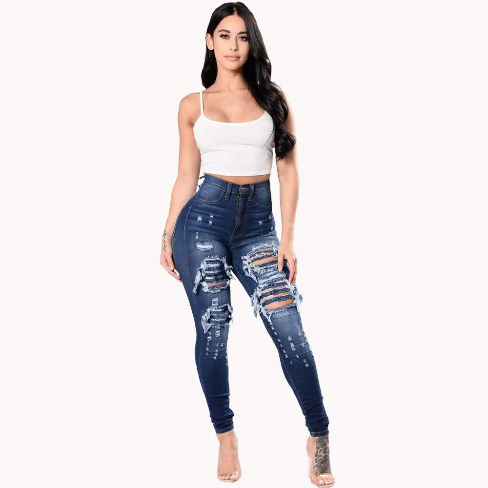 Womens Stretchy High-Waisted Ripped Skinny Jeans