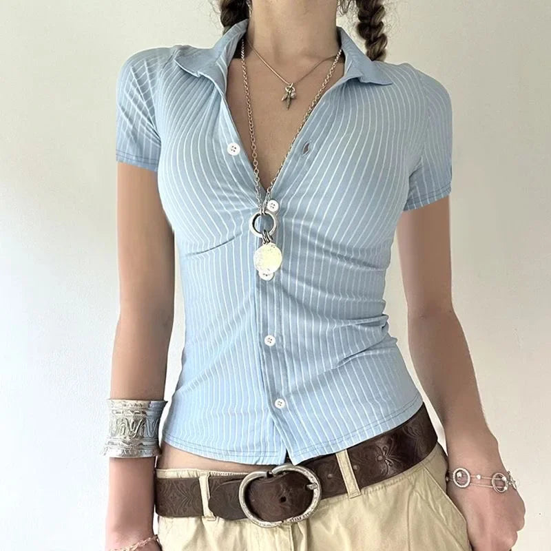 Chic Elegant Striped Button-Up Blouse for Women with Turn-Down Collar