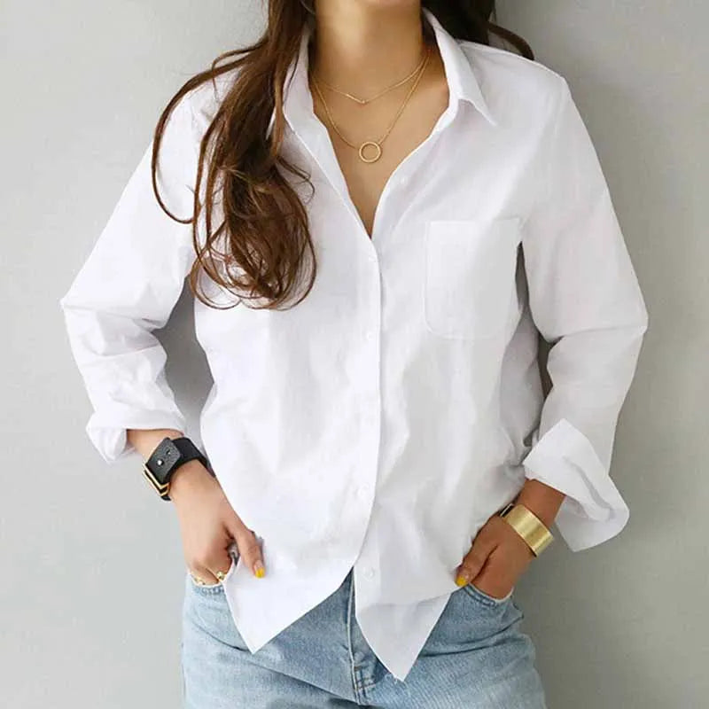 Casual Women's Long Sleeve White Cotton Shirt - Loose Fit Button-Up