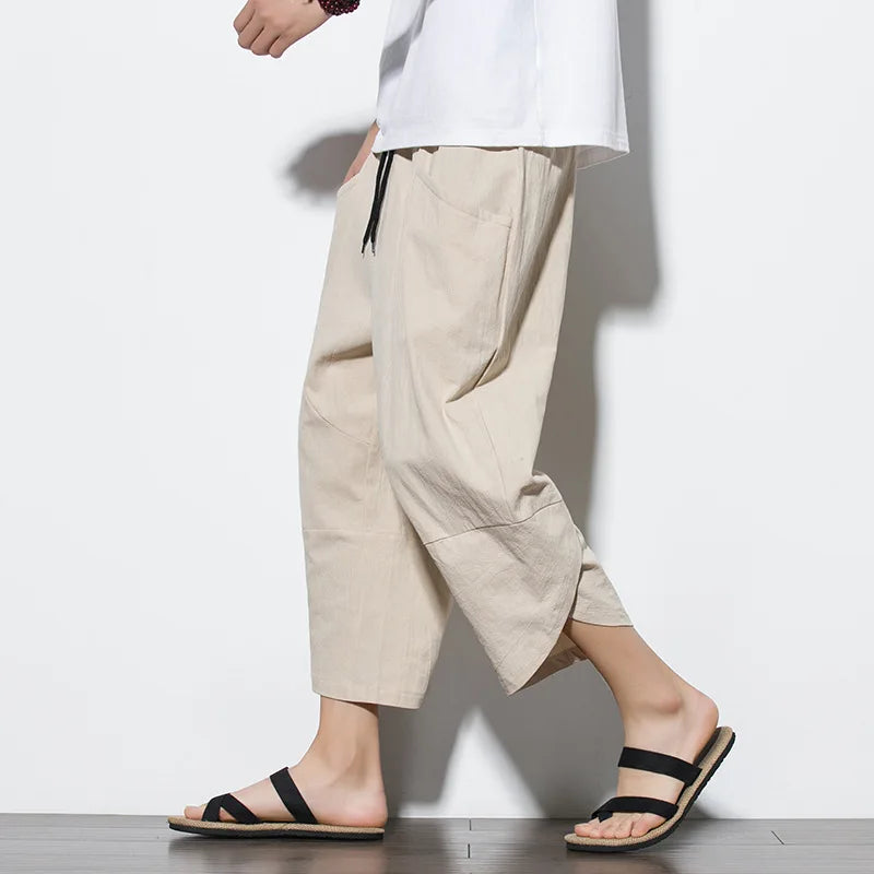 Men's Baggy Linen Cropped Trousers with Large Pockets - Oversized Loose Fit