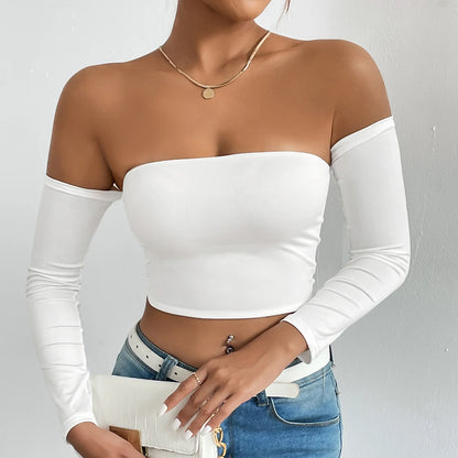 Women's Casual Long Sleeve Off-Shoulder Crop Top - Various Colors