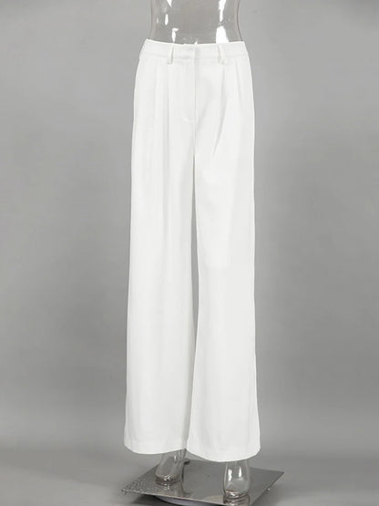 Women's High-Waisted Pocket Pants - White Patchwork  Wide-Leg Trousers