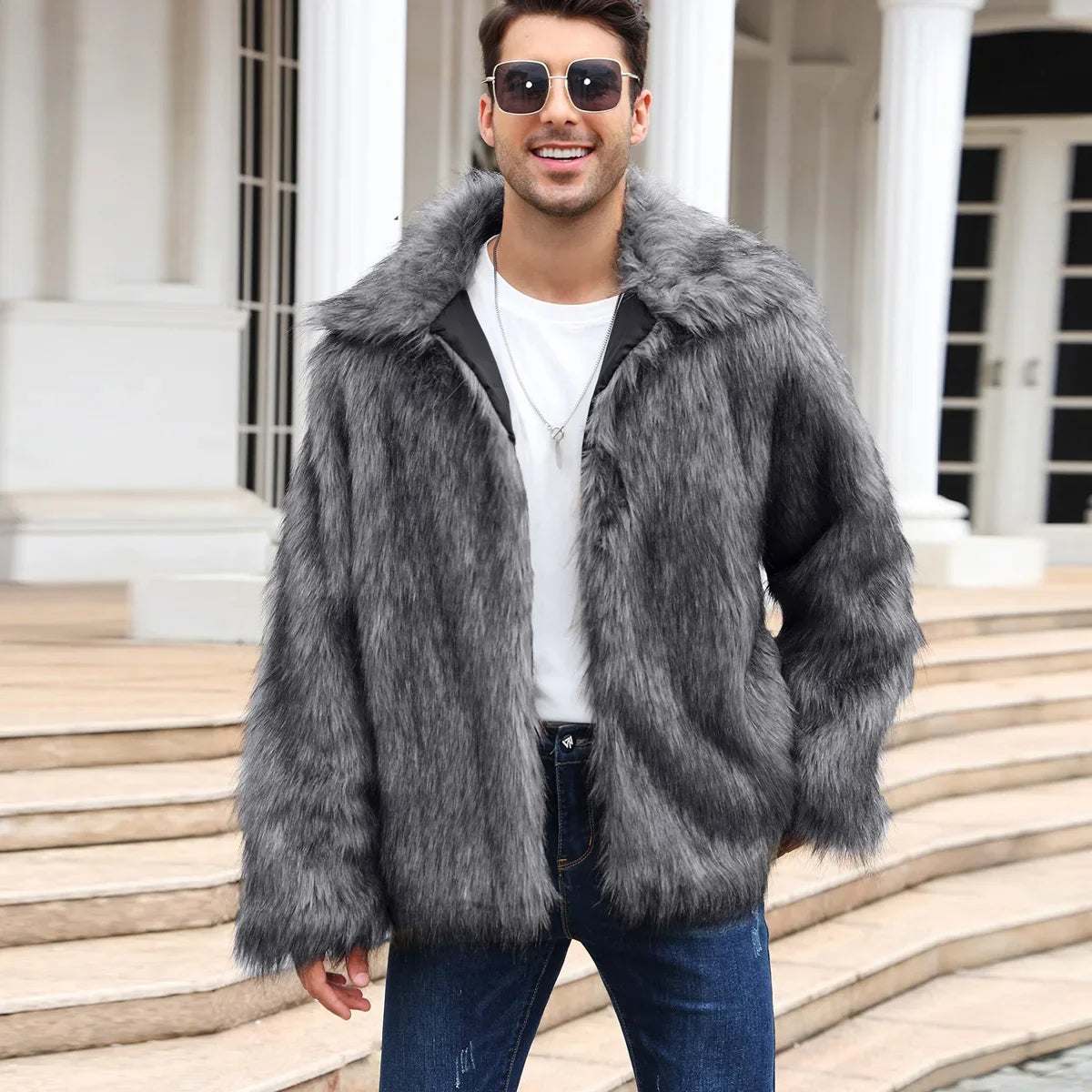 Men's Thick Fluffy Faux Fur Coat with Long Sleeves