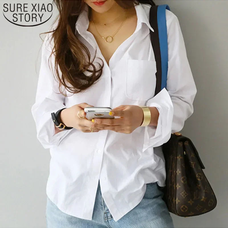 Casual Women's Long Sleeve White Cotton Shirt - Loose Fit Button-Up