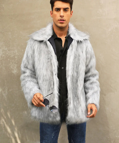 Men's Thick Fluffy Faux Fur Coat with Long Sleeves