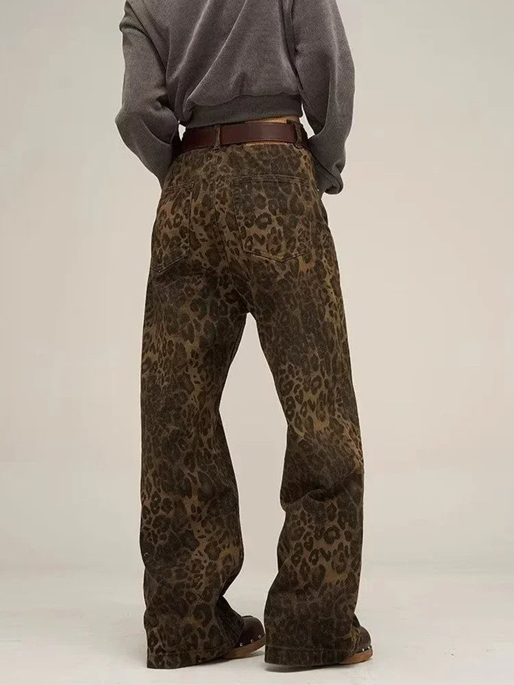 Tan Leopard Print Wide-Leg Jeans for Women - Oversized Style Pants