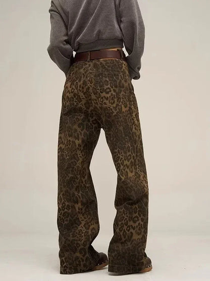 Tan Leopard Print Wide-Leg Jeans for Women - Oversized Style Pants