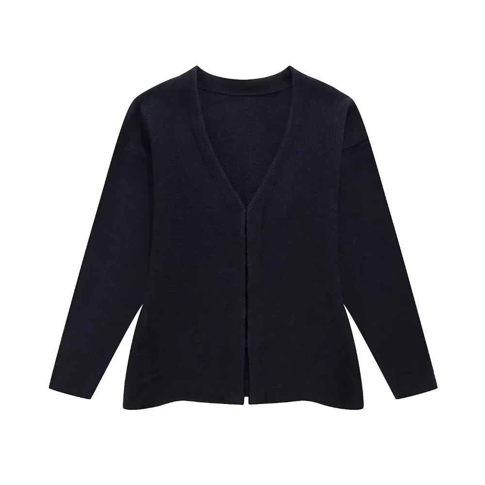 Women's V-Neck Fitted Knit Cardigan with Front Hook, Long Sleeves, and Side Split Hem