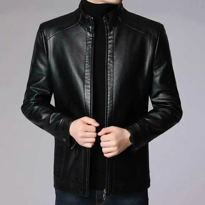 Men's Faux Leather Jacket with Stand Collar and Thick Warm Lining