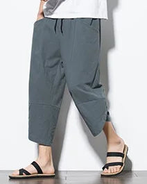 Men's Baggy Linen Cropped Trousers with Large Pockets - Oversized Loose Fit