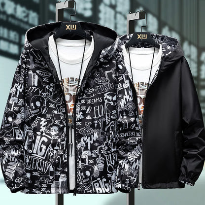 Men's Reversible Graffiti Print Hooded Jacket