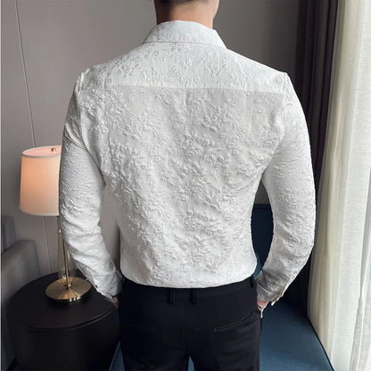 Elegant Vintage Jacquard Long Sleeve Fitted Shirt - Various Colors