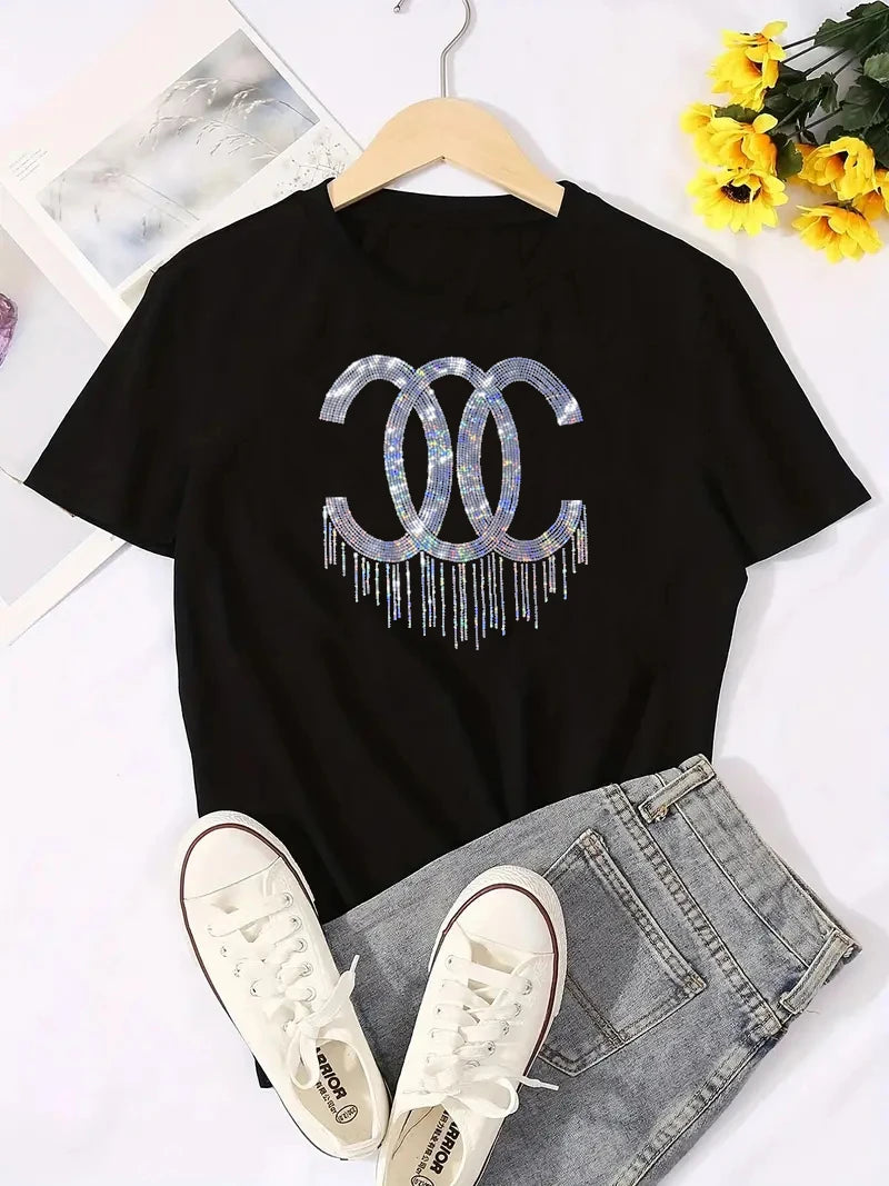 Womens Rhinestone T-shirt  - O-neck Elastic- Various Colors