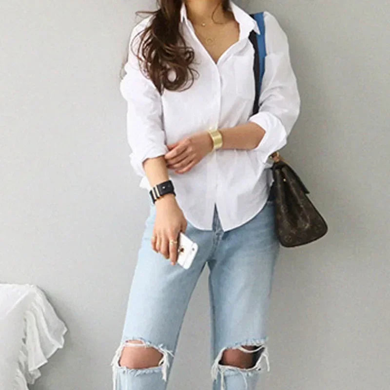 Casual Women's Long Sleeve White Cotton Shirt - Loose Fit Button-Up