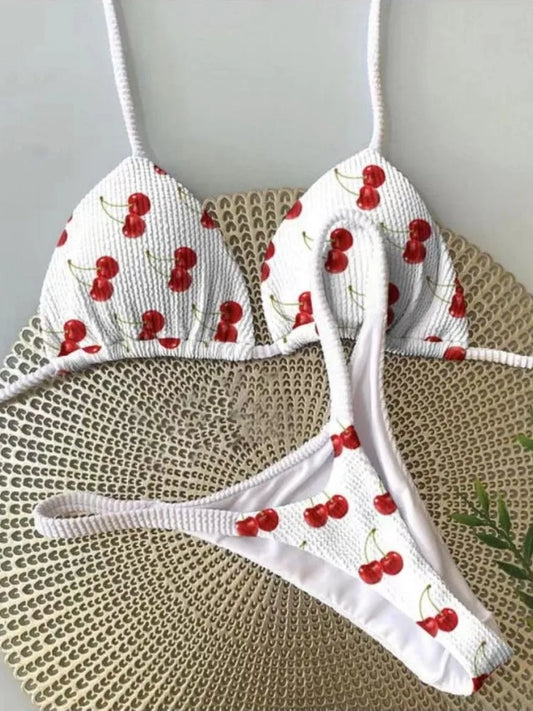 Women's Cherry Print Brazilian Thong Bikini Set - Two Piece