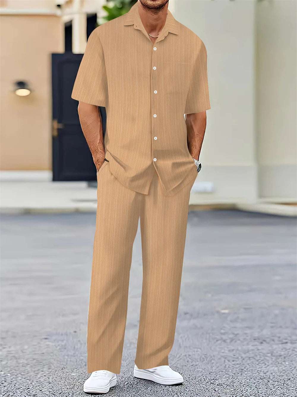 Men's Two-Piece Classic Button-Up Shirt and Loose-Fit Pants Set.