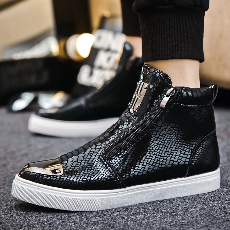 Men's High Top Glitter Faux Leather Sneakers with Zipper