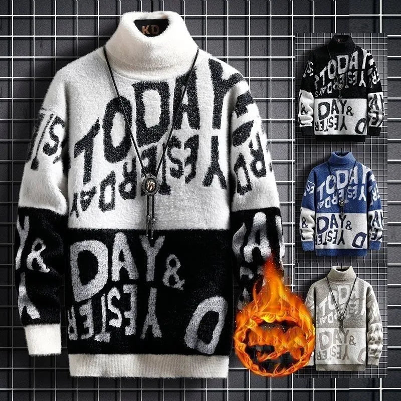 Men's Long Sleeve Turtleneck Sweater with Letter Print 