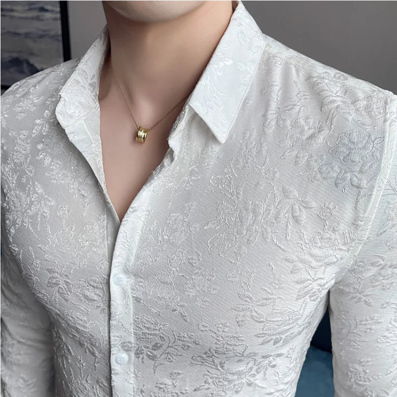 Elegant Vintage Jacquard Long Sleeve Fitted Shirt - Various Colors