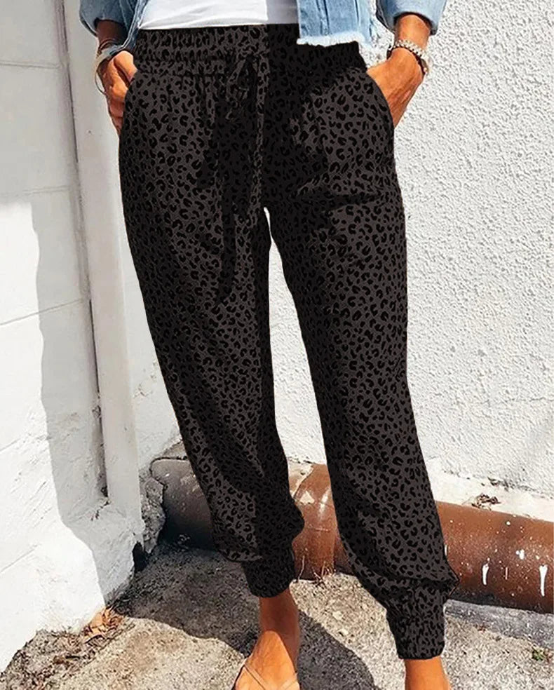 Women's Casual Lace-Up Pants in Loose Fit with Leopard Print - Various Colors